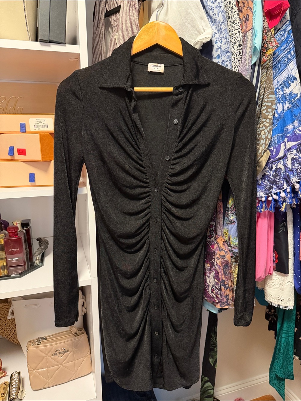 Cotton On Black Ruched Button-Front Mini Dress